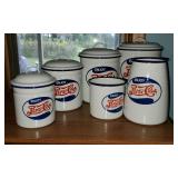 Enamelware Pepsi canister set, utensil holder, mug