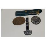 John Deere pocket knife, belt buckles, bag tag