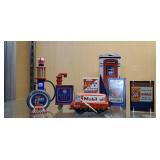 Mobil Oil mechanical wind up toy, gas pumps, signs