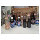 Wooden Pepsi crate, vintage soda bottles,