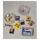 Pepsi Cola ashtrays, lighter, marbles, matchbooks