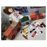 Texaco plush teddy bear, tin banks, lighters
