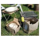 Pair of patio tables, boxes of China