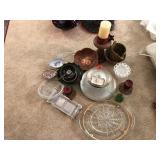 Miscellaneous serving trays, candles, wood bowl