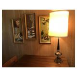 3 wall hangings & lamp