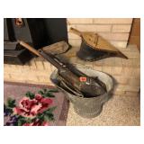 Fireplace tools: bellow, coal bucket,