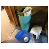 Garbage cans, litter box, and step stool