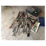 Metal tool box, wrenches, pliers, wire nippers,