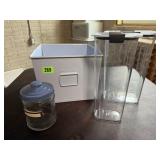 Metal storage bin, glass jar, plastic storage