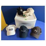 Roseville stoneware golf crock, baseball caps,
