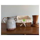 Solid walnut candlestick, vase, basket