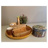 Decorative platter, berry baskets, jar, greenery,