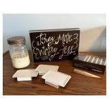 Pray More sign, candle, miniature tags,
