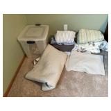 Tote of bedding, quilt sheets, pillowcases,