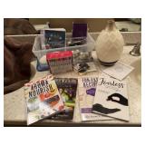 Essential oil diffuser, rollers, books, bottles,