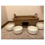 Wicker basket, Our Place stoneware bowls (4)