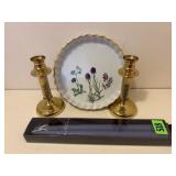 Fluted French dish, taper candles, candlesticks