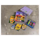 Art box, crayons, markers, glitter paint pens