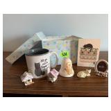 Cat collectibles, decor, mug, bell, frame