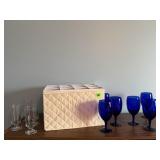 Cobalt wine glasses, clear pedestal glassessix