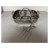 Stainless roasting pan, meat rack, forks included
