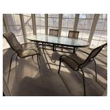 Glass oval patio table, arm chairs (4)