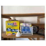 Shop supplies, light bulbs, funnel, knee pads