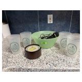 Aiwa microphone, golf plastic tumblers, coaster