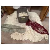 Storage bin, lace curtains, doilies