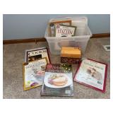 Tote of cooking magazines, recipe box