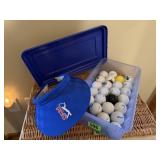 Golf balls, visor, storage tote