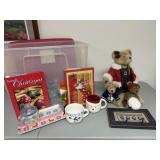 Christmas decorations, needlepoint, mugs,