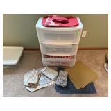 Rolling storage cart, placemats, cloth napkins,