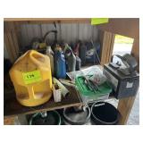 Contents of shelf, diesel can, liquids, battery