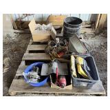 Pallet with chain, bottle, jack, and more