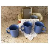 Stoneware mugs (3), pottery votive holder,
