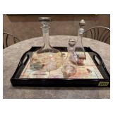 Glass decanters (3), serving tray