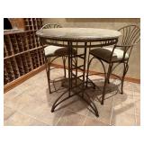Round stone table, tall bar stools (2)