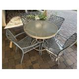 Glass top patio table, chairs (4)