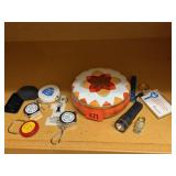 Vintage powder tin, miniature flashlights, key