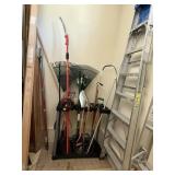 Yard tools, organizer included, rakes, pole saw,
