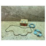 Beaded necklace, bracelets, hoop post earrings