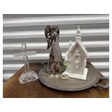 Silver tray, religious lot, angel, church, cross