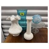 Milk glass vases, cake stand, teal vase