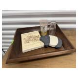 Wooden tray, book, dairy bottle, drinking glass