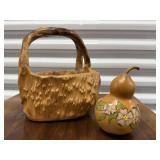 Burl wood basket, painted ghourd jar
