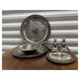 Box of siler trays, salt & pepper shakers, dishes