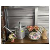 Watering cans, garden stone, florals, decor
