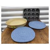 Stoneware baking stone, muffin pan, potholders