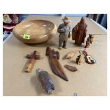 Wooden bowl, assorted wood carvings, guitar